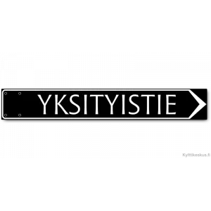 Osoitekyltti Special 800 x 120 mm. Värityksenä musta tausta ja valkoinen teksti sekä reunus ja nuoli oikealle.