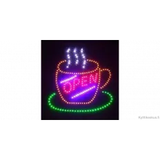 Led-valomainos kahvikupin kuvalla ja OPEN-tekstillä.