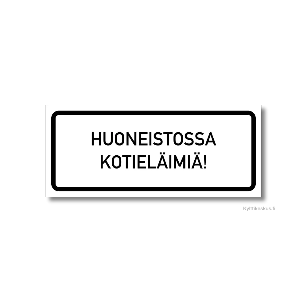 Suomenkielinen "Huoneistossa kotieläimiä!" -tarra kokoa 99x42 mm. Suomenkielinen "Huoneistossa kotieläimiä!" -tarra kokoa 99x42 mm.
