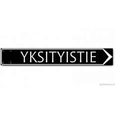 Osoitekyltti Special 800 x 120 mm. Värityksenä musta tausta ja valkoinen teksti sekä reunus ja nuoli.