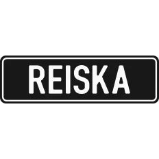 Mustapohjainen rekisterikilven muotoinen nimikilpi.