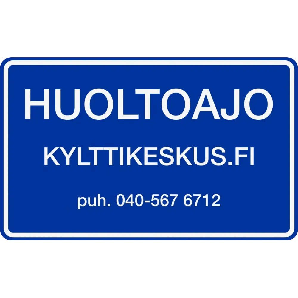 Sininen huotoajo-kyltti auton ikkunalle.