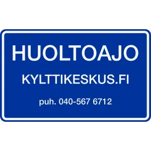Sininen huotoajo-kyltti auton ikkunalle.