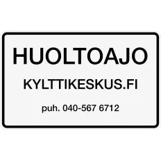 Valkoinen huoltoajo-kyltti yrityksen nimellä ja puhelinnumerolla.