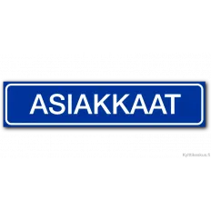 Pysäköintipaikan kyltti "Asiakkaat" 400x90 mm, sininen tausta, valkoinen teksti.
