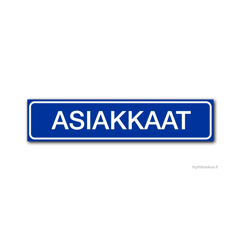 Pysäköintipaikan kyltti "Asiakkaat" 400x90 mm, sininen tausta, valkoinen teksti. Pysäköintipaikan kyltti "Asiakkaat" 400x90 mm, sininen tausta, valkoinen teksti.