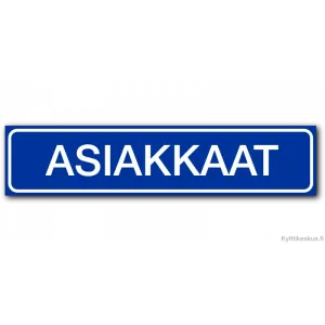 Pysäköintipaikan kyltti "Asiakkaat" 400x90 mm, sininen tausta, valkoinen teksti.